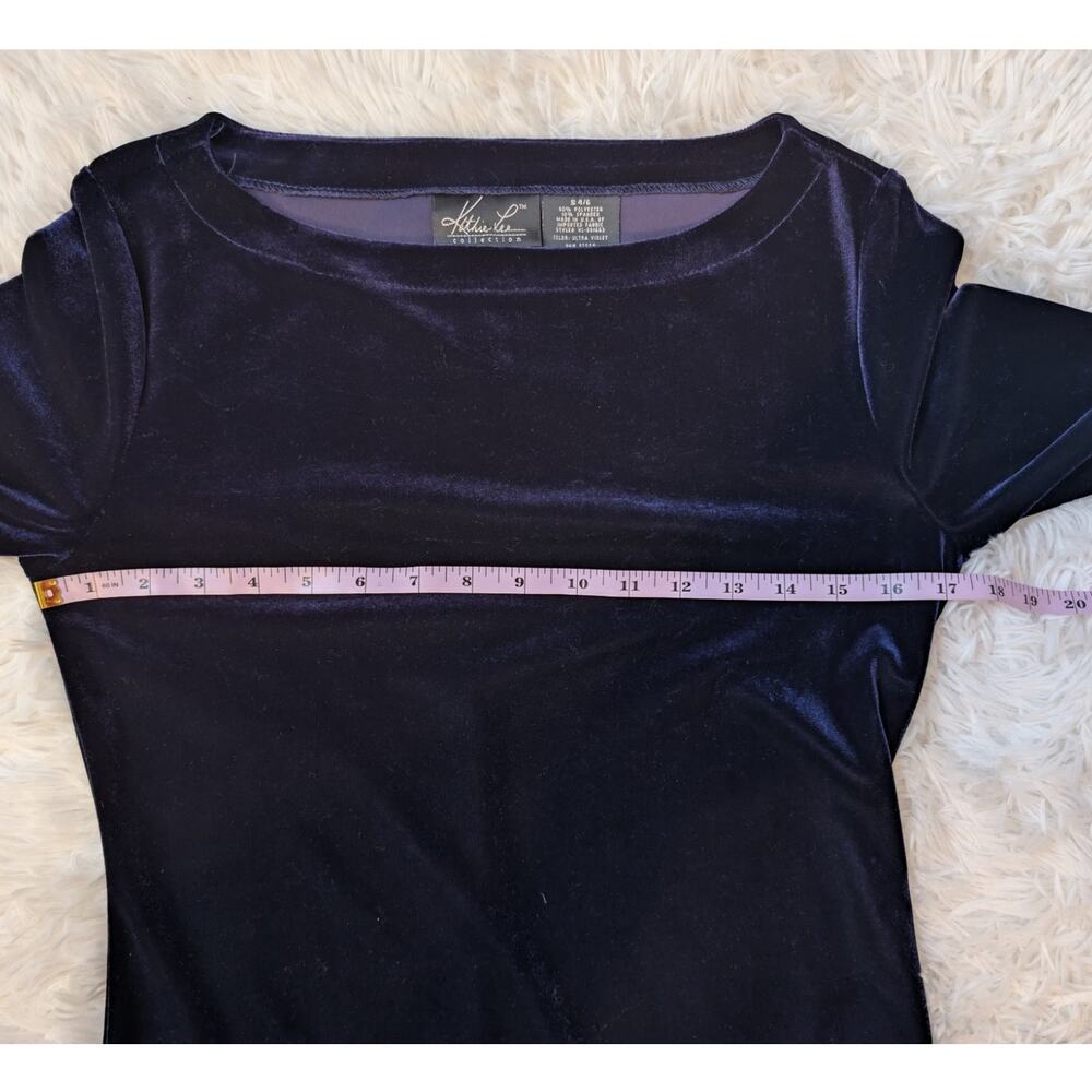 Vintage 90s Kathie Lee Purple Velvet Midi Dress Minimalist Bodycon Cocktail S - Picture 7 of 16